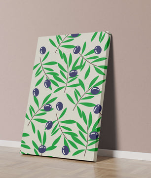 Olive branch pattern with green leaves and blue olives