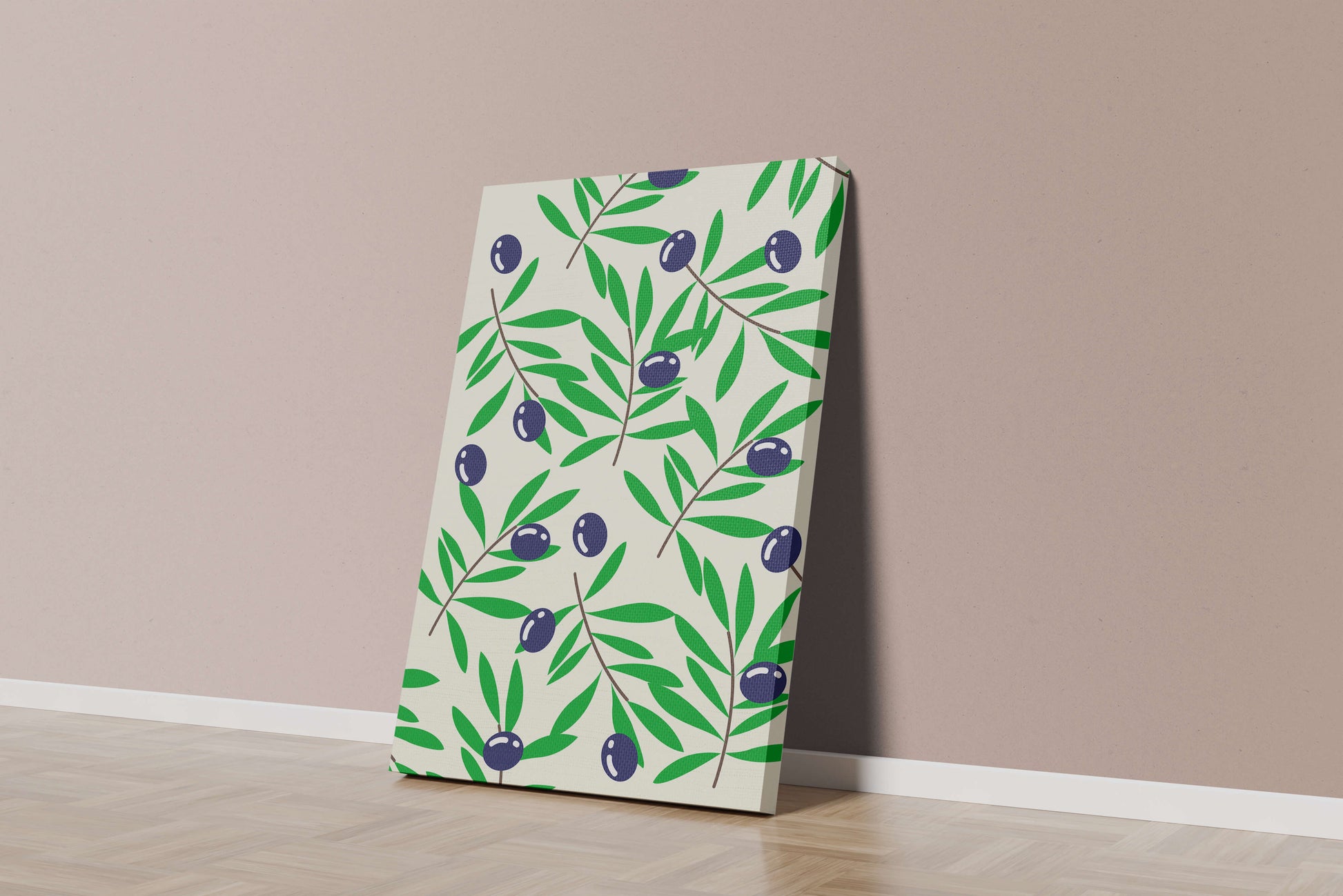 Olive branch pattern with green leaves and blue olives