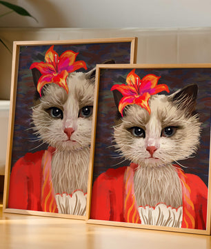 Retrato de gato con acentos de flores vibrantes y atuendo colorido