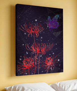 Vivid Night Sky with Red Spider Lilies and Purple Butterfly - Mi tienda