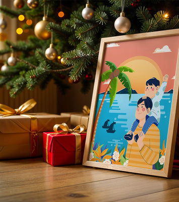 Father and son enjoying a tropical sunset with palm trees and boats
