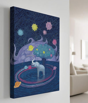 Éléphant fantastique avec arbre et fond cosmique