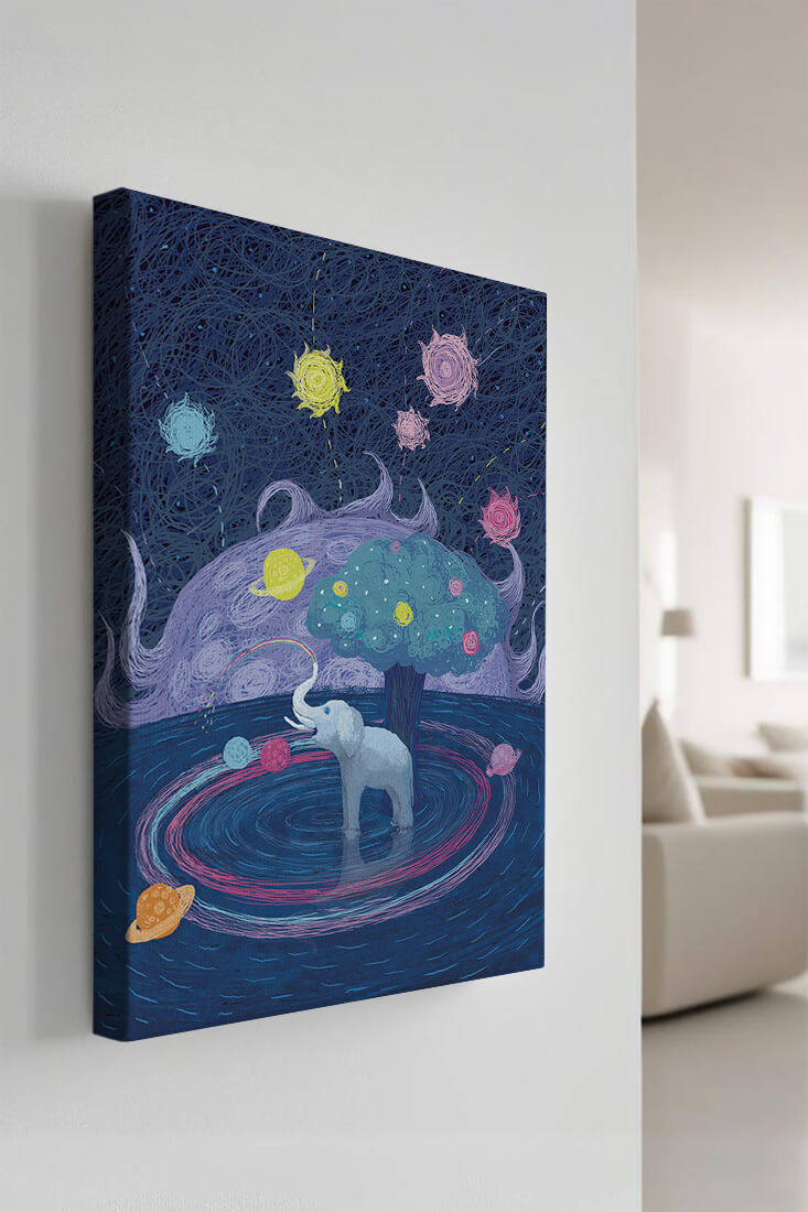 Éléphant fantastique avec arbre et fond cosmique
