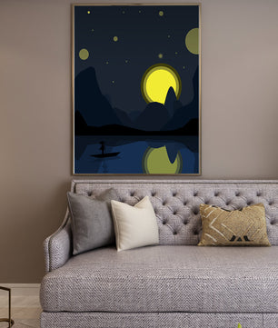 Paisaje nocturno sereno con río iluminado por la luna y bote silueteado
