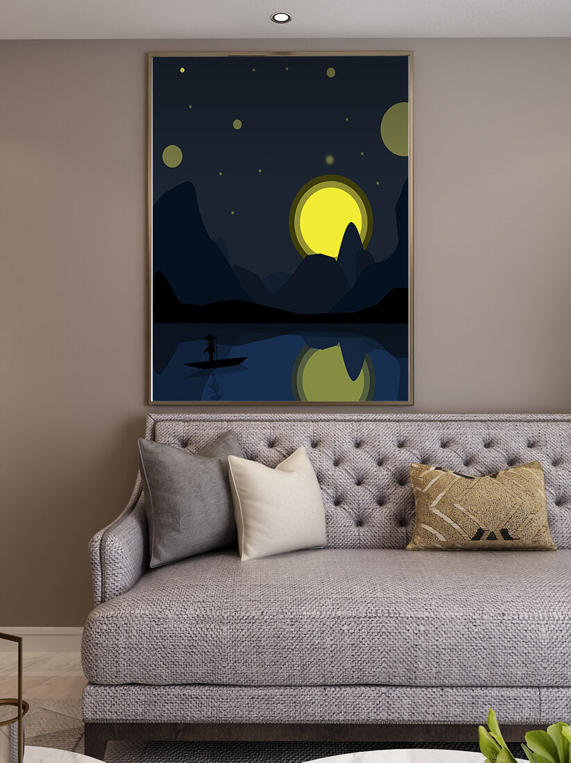 Serene night landscape with moonlit river and silhouetted boat
