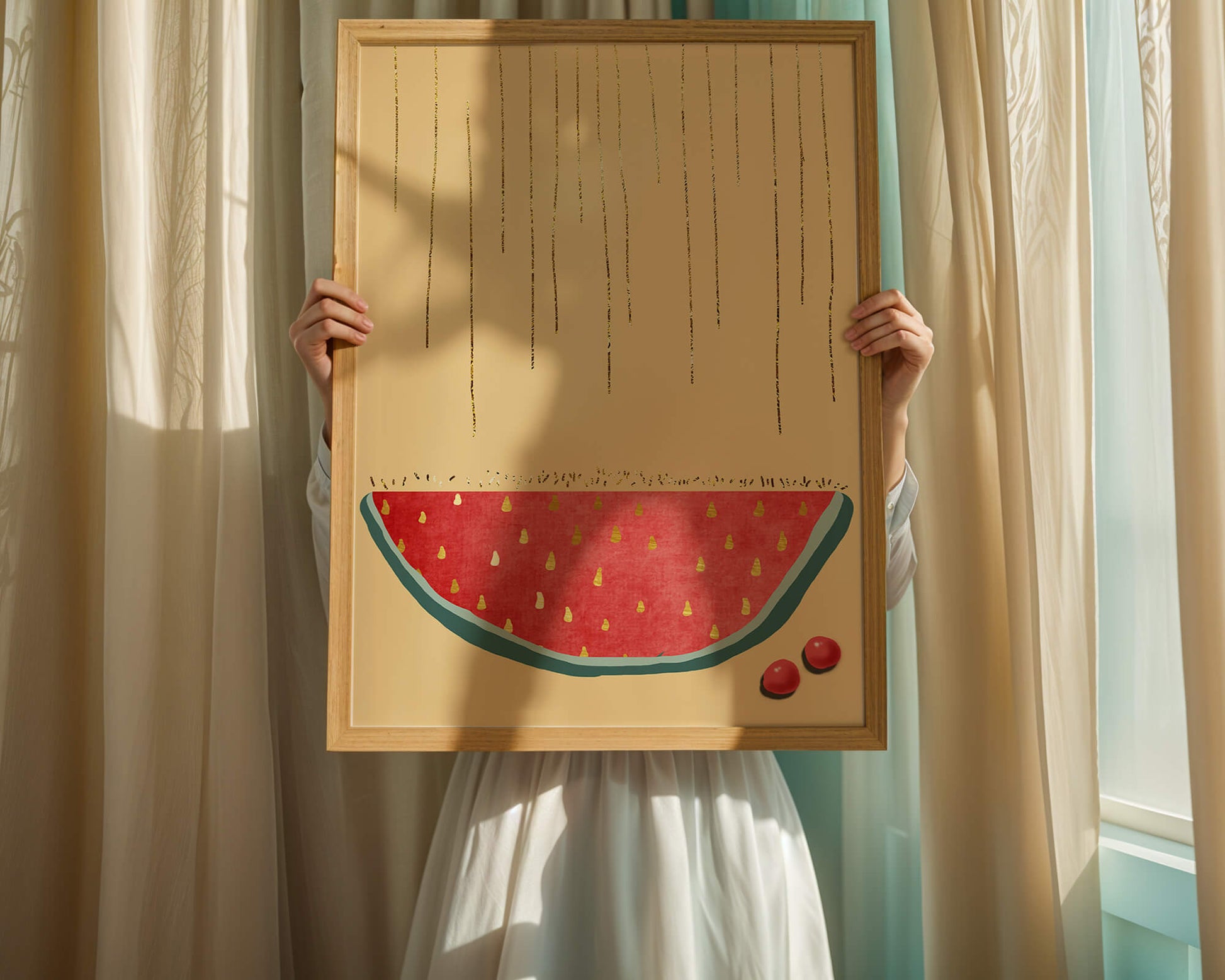 Abstract Watermelon Slice with Gold Accents on Minimalist Background