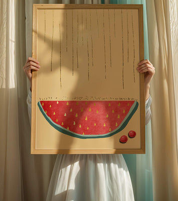 Abstract Watermelon Slice with Gold Accents on Minimalist Background
