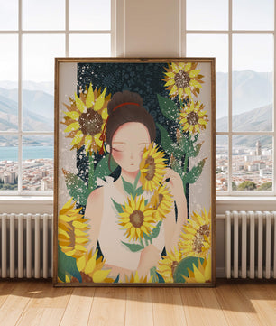 Young woman surrounded by vibrant sunflowers in a serene setting