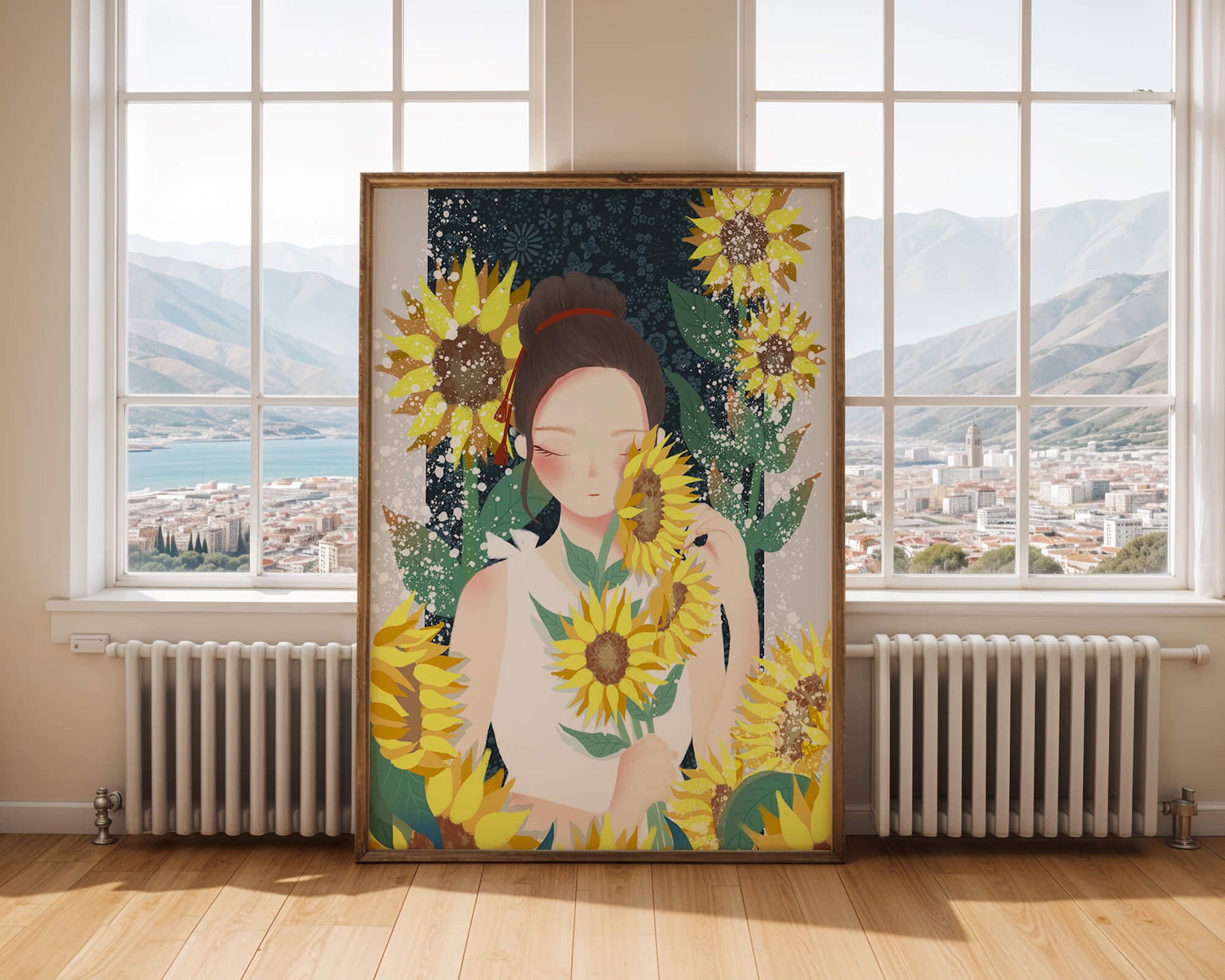 Young woman surrounded by vibrant sunflowers in a serene setting