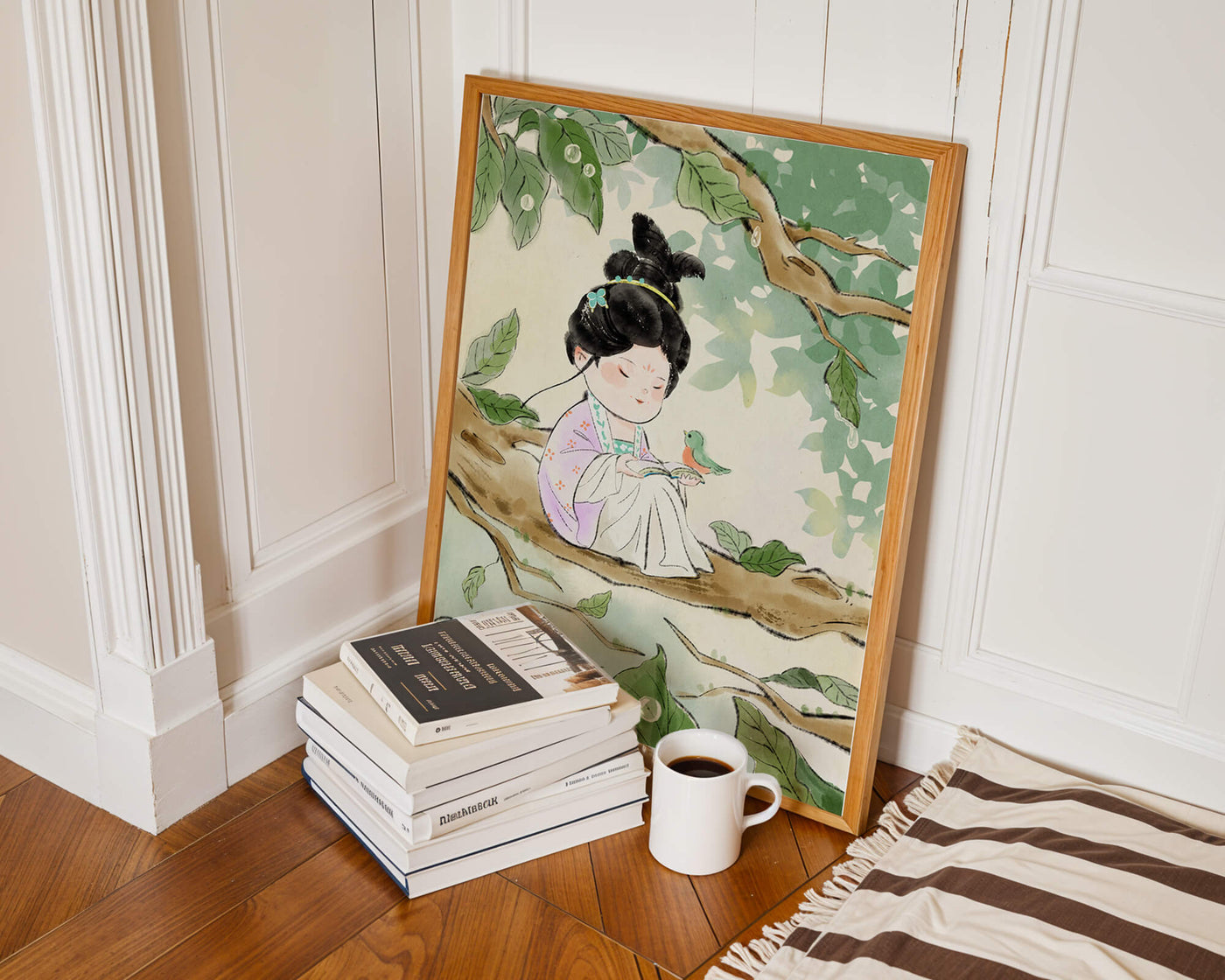 Serene illustration of a girl with a bird in a tree