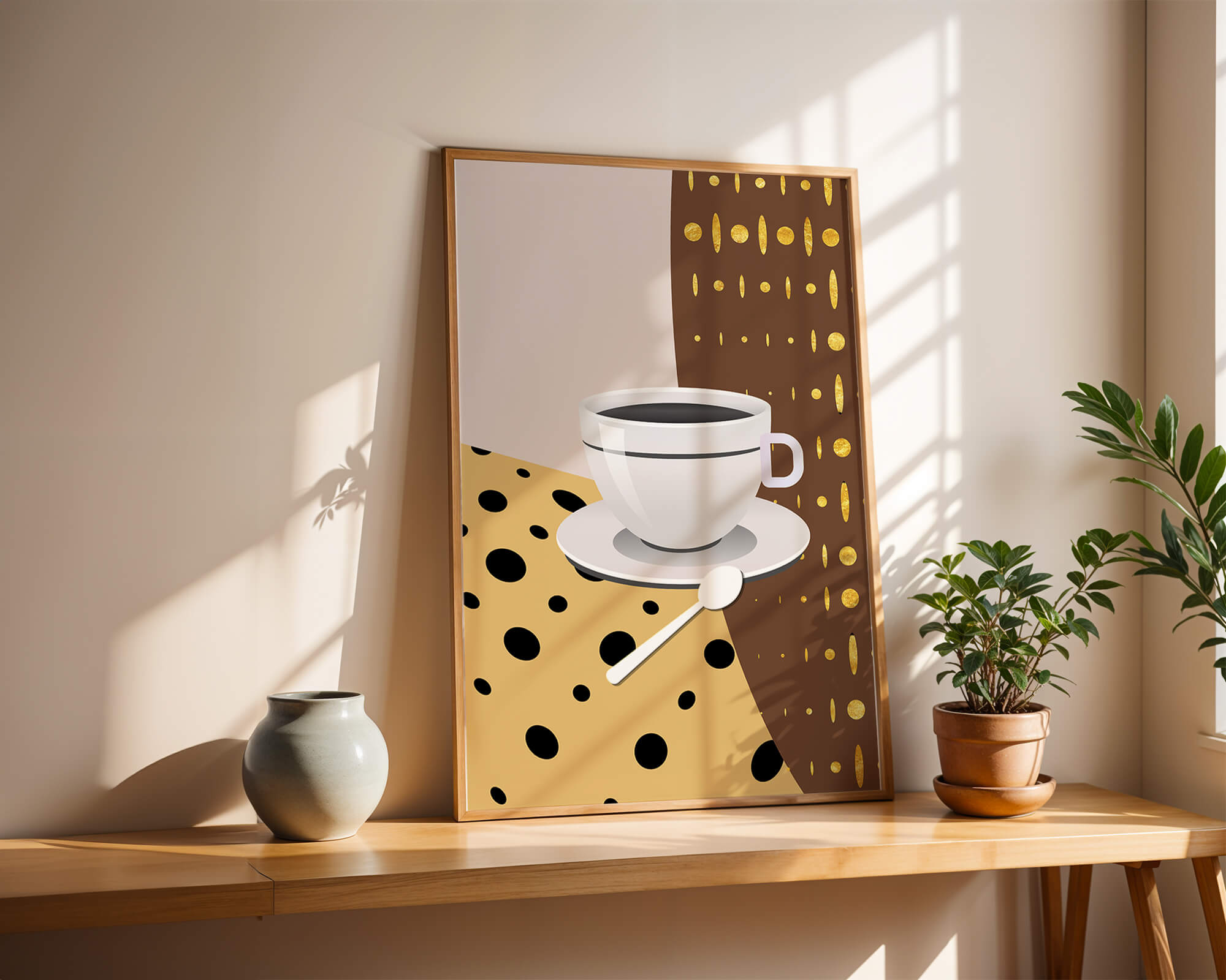 Contemporary Coffee Art with Geometric Patterns and Gold Accents - Mi tienda