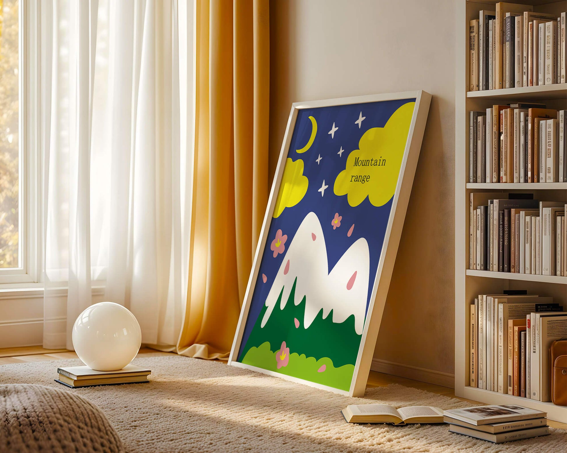 Stylized mountain landscape with starry night background and vibrant clouds