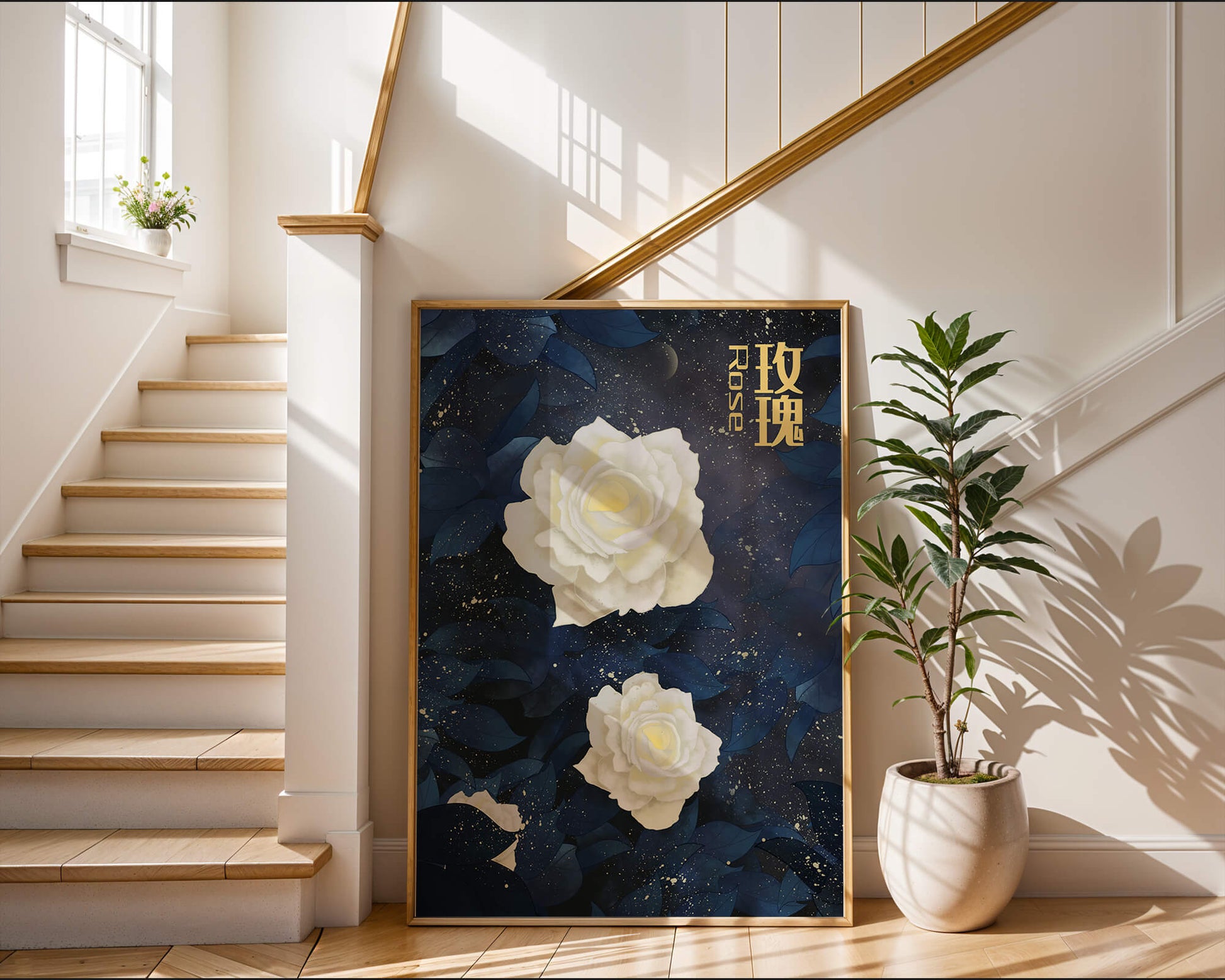 Elegant white roses on a celestial night background with deep blue leaves