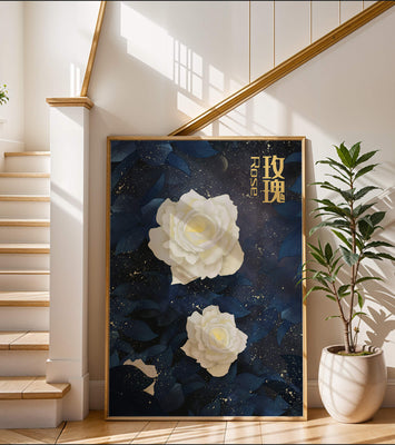 Elegant white roses on a celestial night background with deep blue leaves
