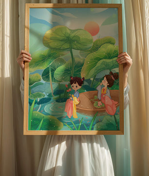 Charming illustration of children on a boat in a lush lotus pond