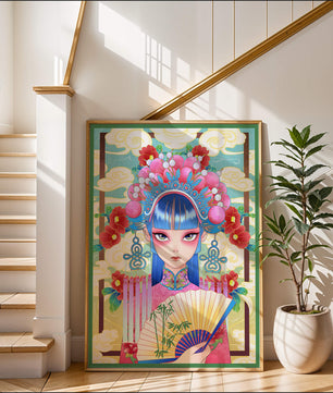Ilustración elegante inspirada en el arte asiático con tocado elaborado y motivos florales