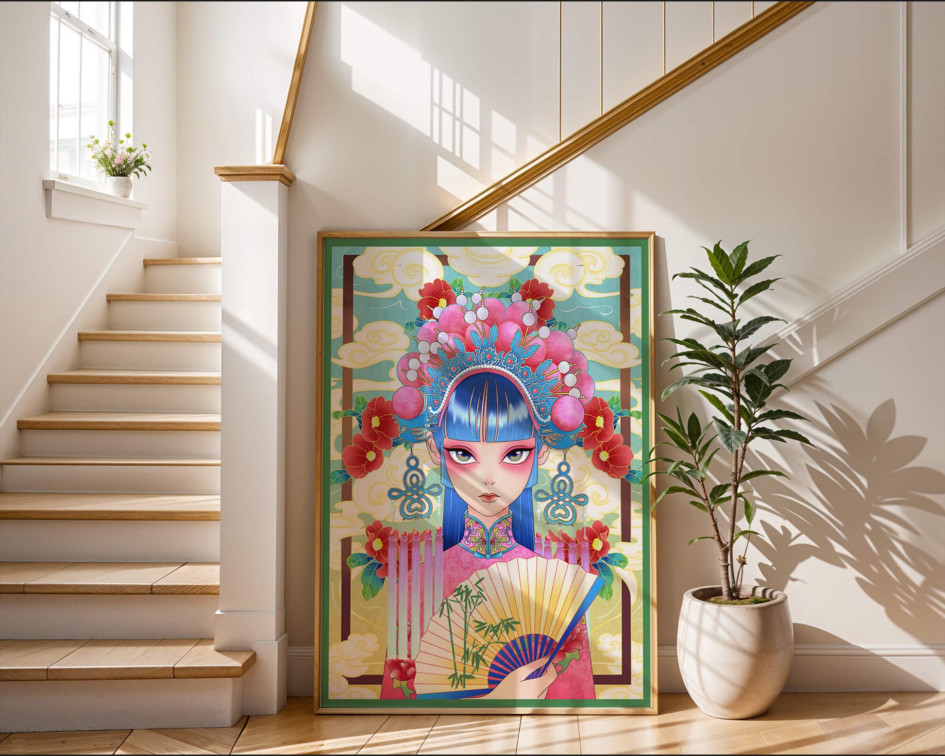 Ilustración elegante inspirada en el arte asiático con tocado elaborado y motivos florales