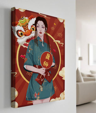 Elegant woman in traditional attire with lion dance mask in vibrant background