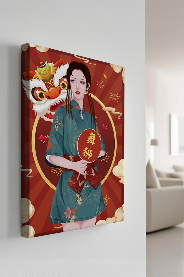 Elegant woman in traditional attire with lion dance mask in vibrant background