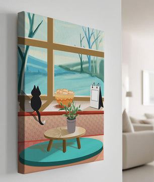 Cozy interior with a cat by the window and potted plants