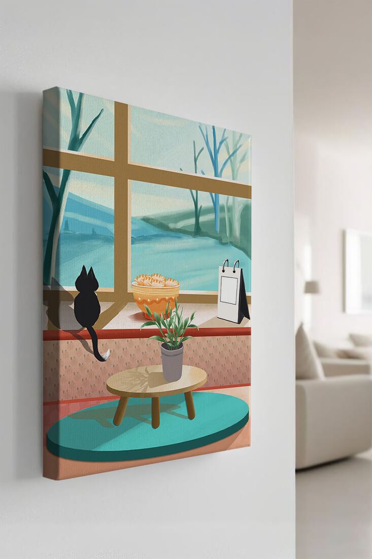 Cozy interior with a cat by the window and potted plants