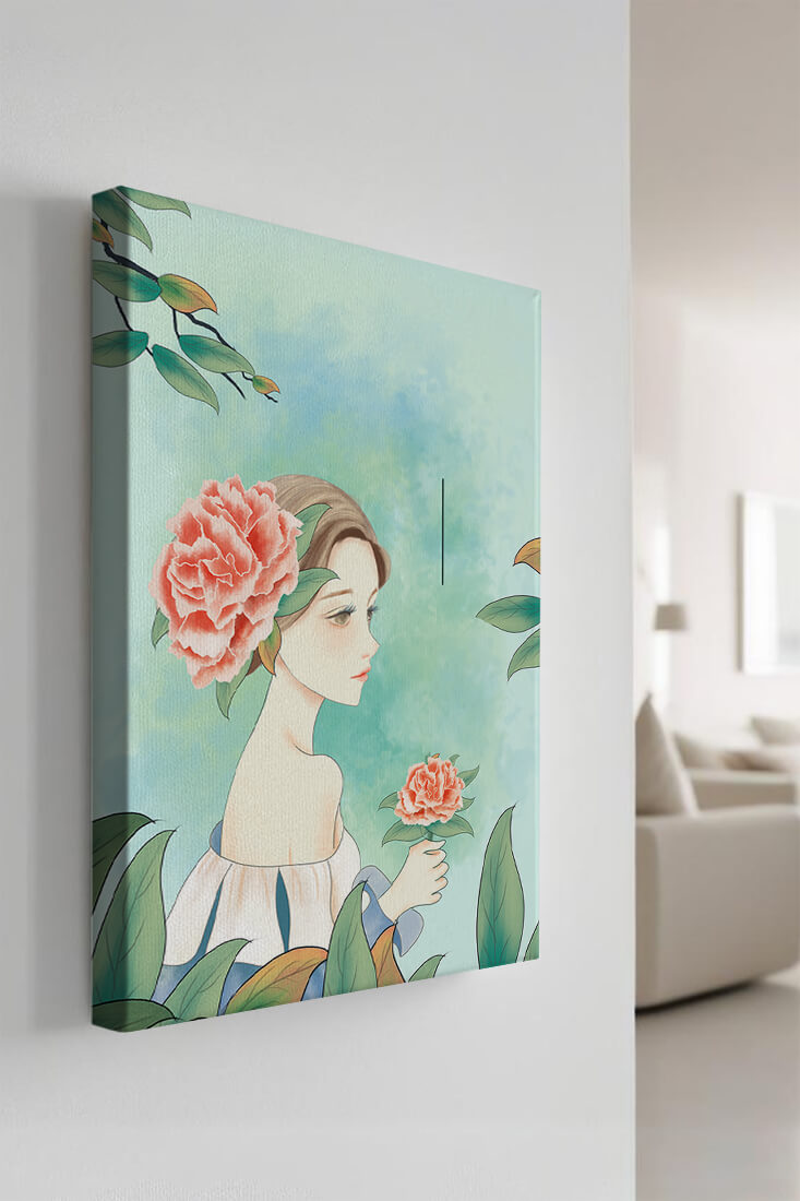 Illustration of a woman with a flower and text saying "Hello, July"