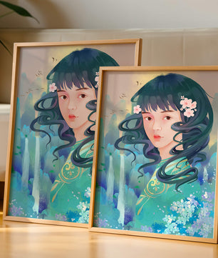 Retrato onírico de una niña con elementos florales y fondo natural
