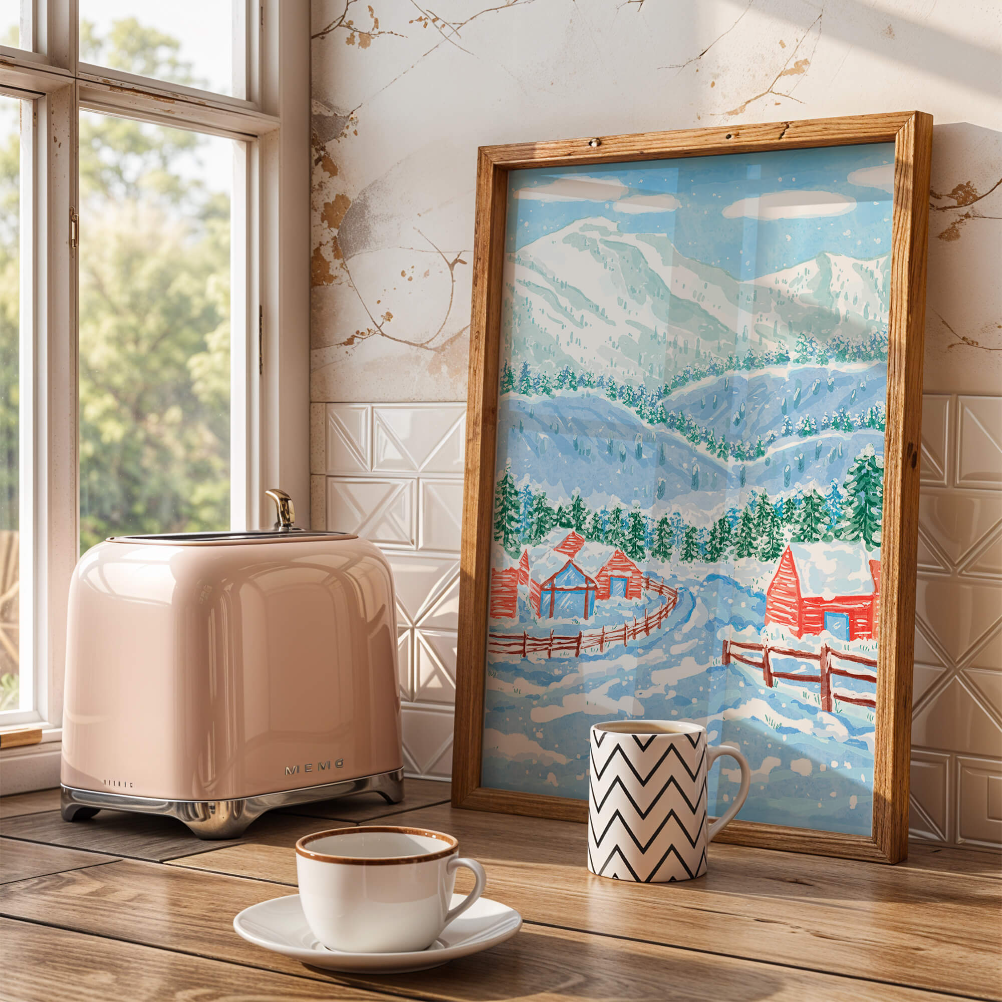 Charming snowy landscape with mountain view and cozy cabins
