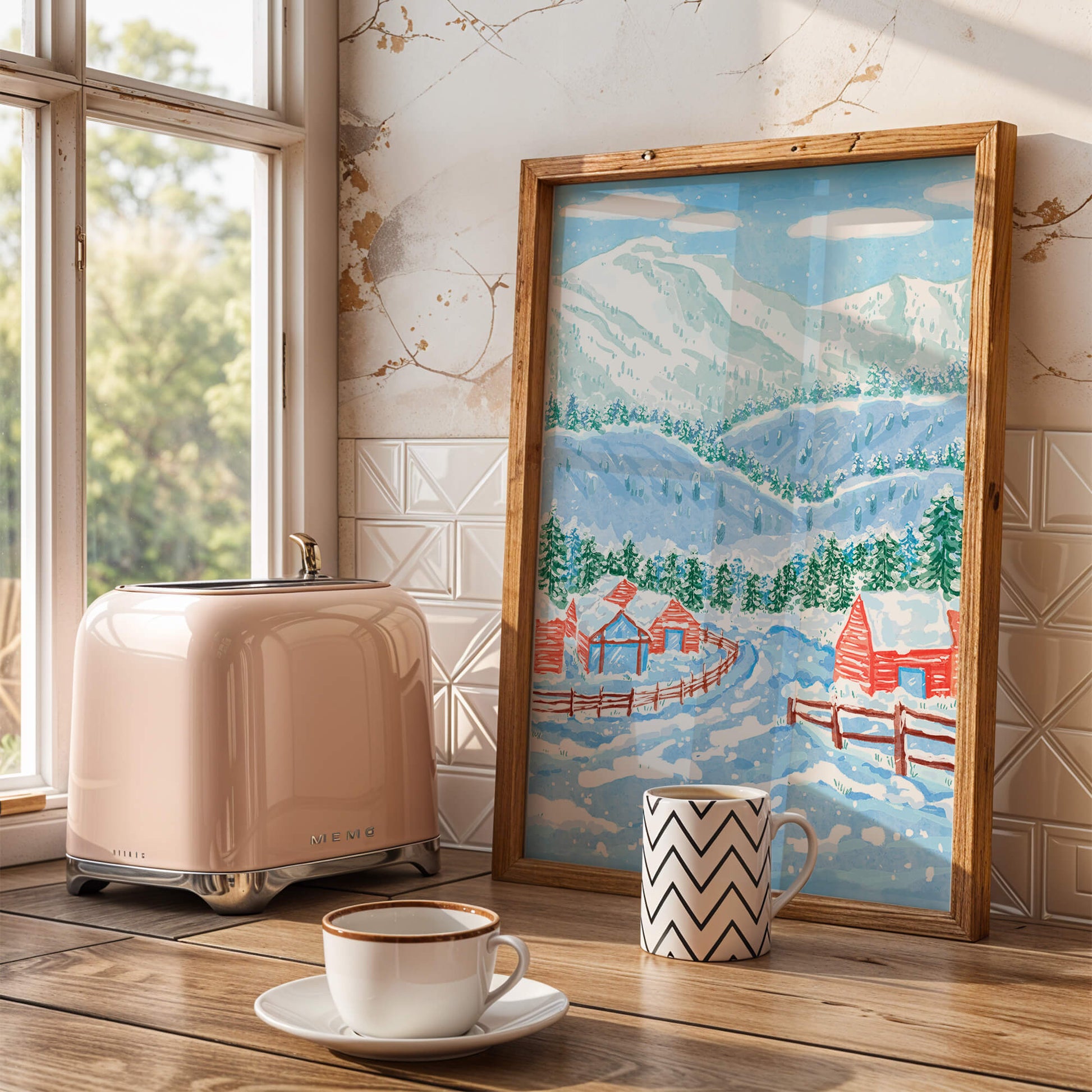 Charming snowy landscape with mountain view and cozy cabins
