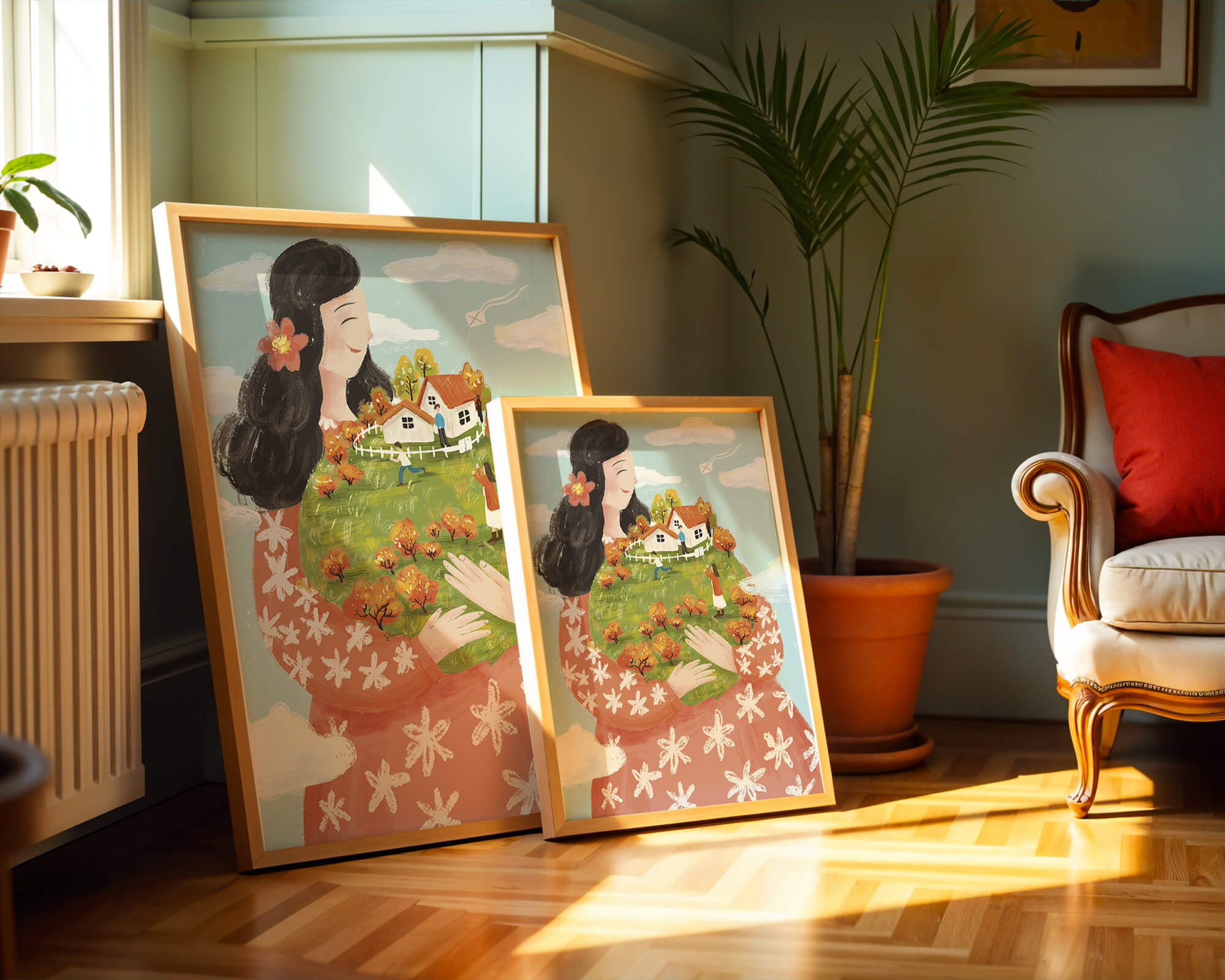Whimsical Woman Holding Miniature Landscape with Family and Houses