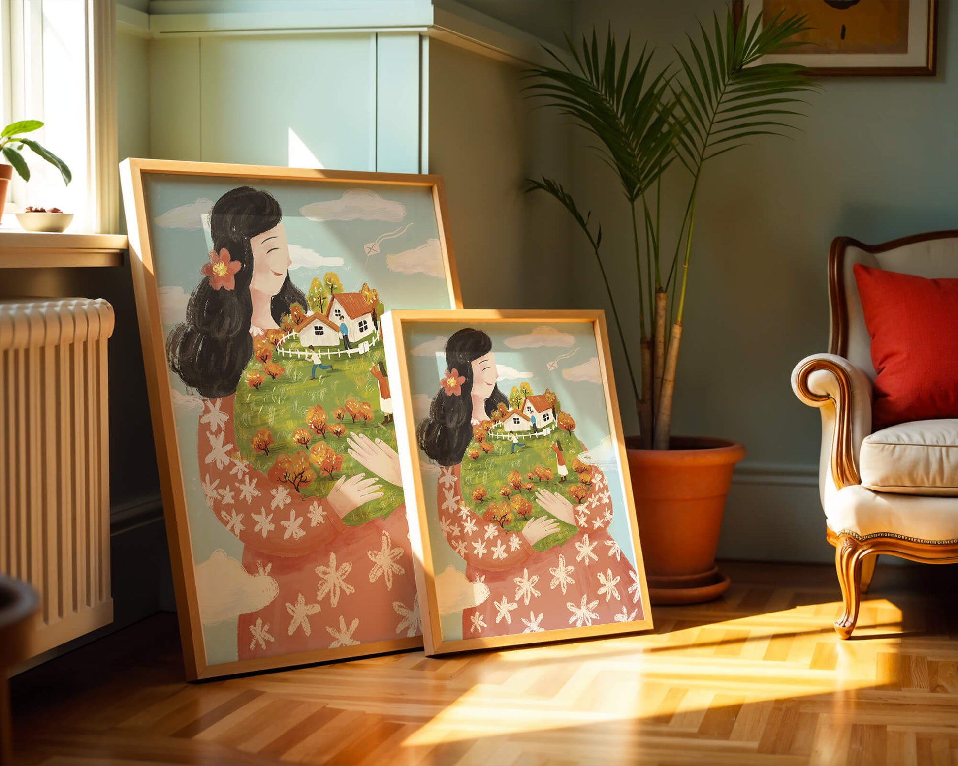 Whimsical Woman Holding Miniature Landscape with Family and Houses