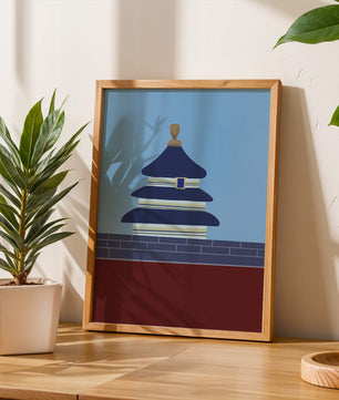 Ilustración abstracta del Templo del Cielo con detalles azules y dorados