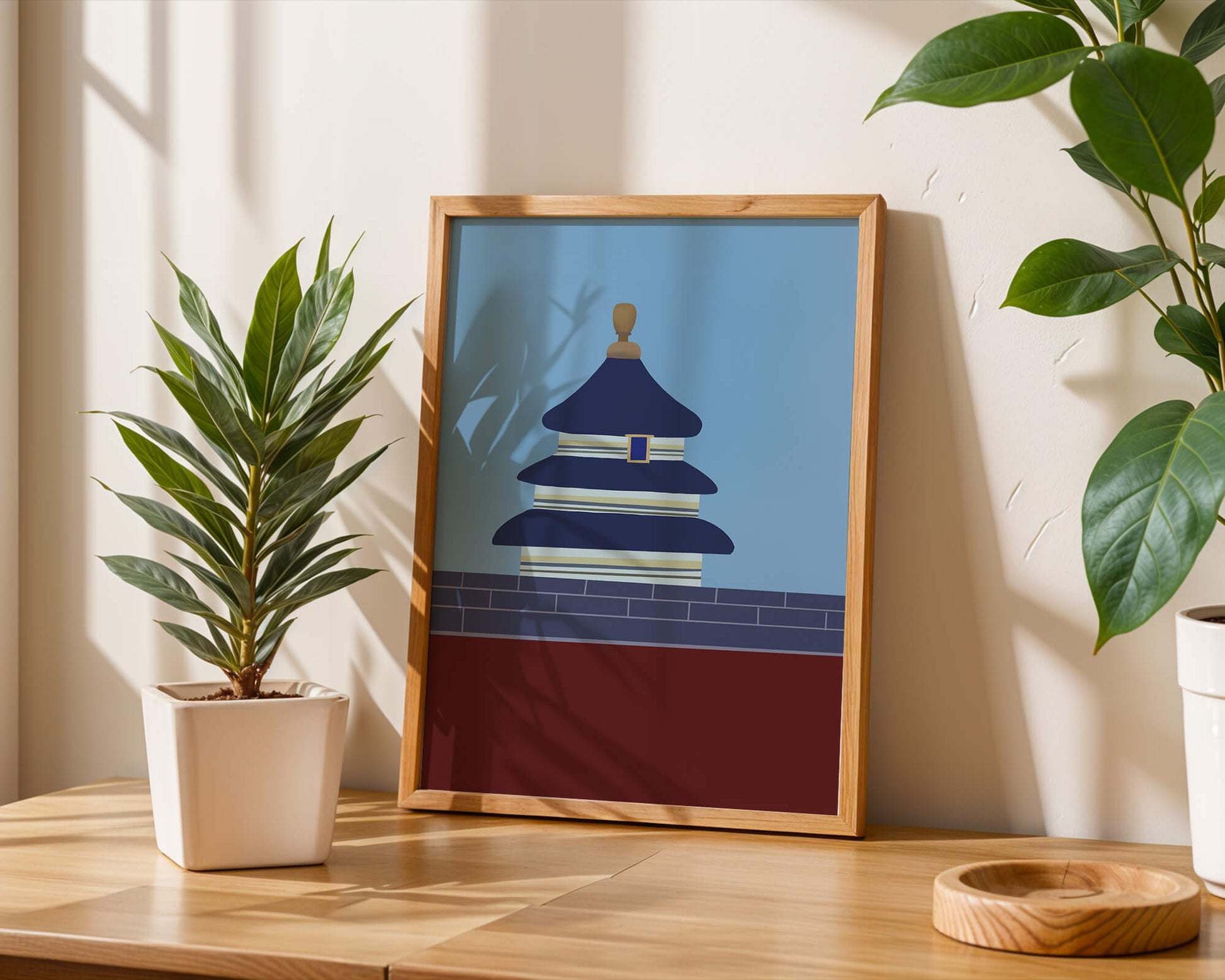 Ilustración abstracta del Templo del Cielo con detalles azules y dorados