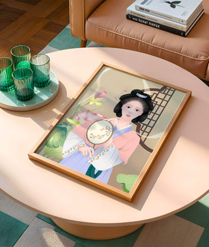 Elegant traditional Asian woman in pastel attire with floral background