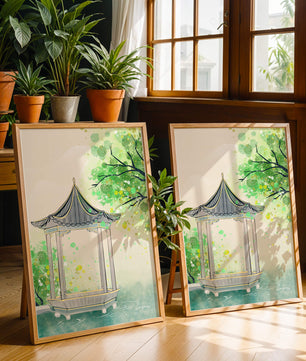 Serene garden pavilion amidst lush green trees and calm waters