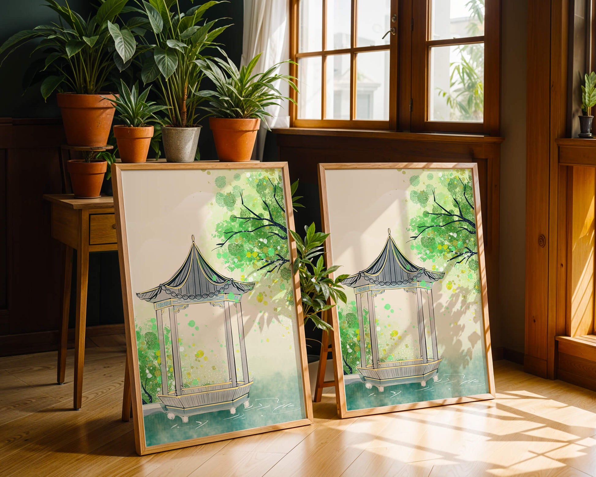 Serene garden pavilion amidst lush green trees and calm waters