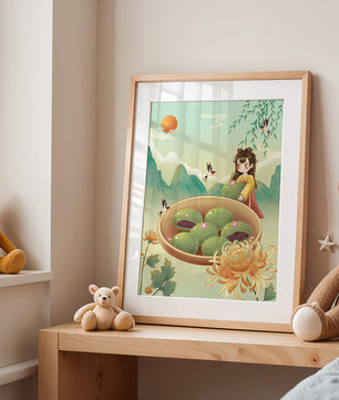 Charming Scene with Traditional Dress and Scenic Landscape Featuring Floral Elements and Birds