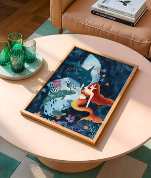 Underwater scene with a mermaid interacting with sea creatures in a vibrant ocean cave