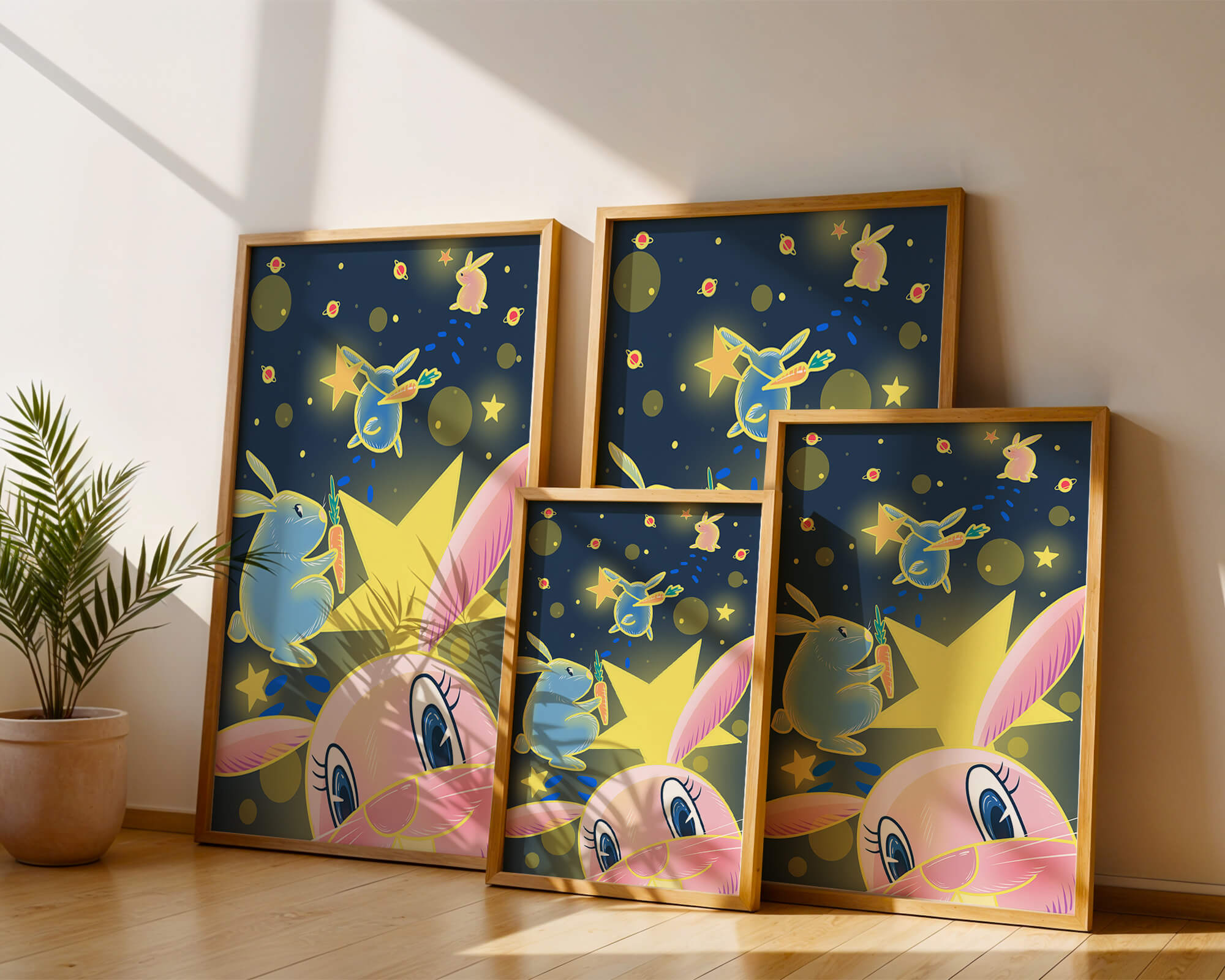 Playful bunnies with carrots and stars in a whimsical space scene