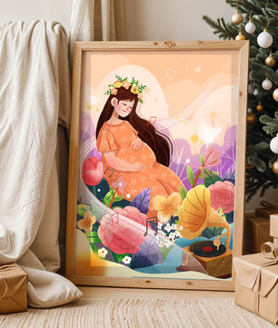 Femme dans la nature avec des fleurs et des notes de musique