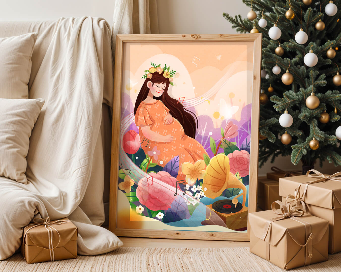 Woman in nature with flowers and musical notes