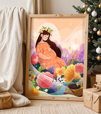 Woman in nature with flowers and musical notes