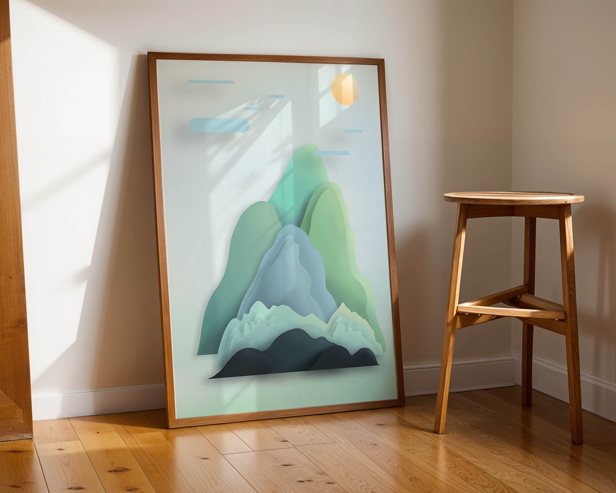 Minimalistic mountain landscape with vibrant colors and abstract layers