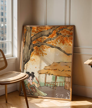 Escena de otoño con ilustración en estilo asiático tradicional