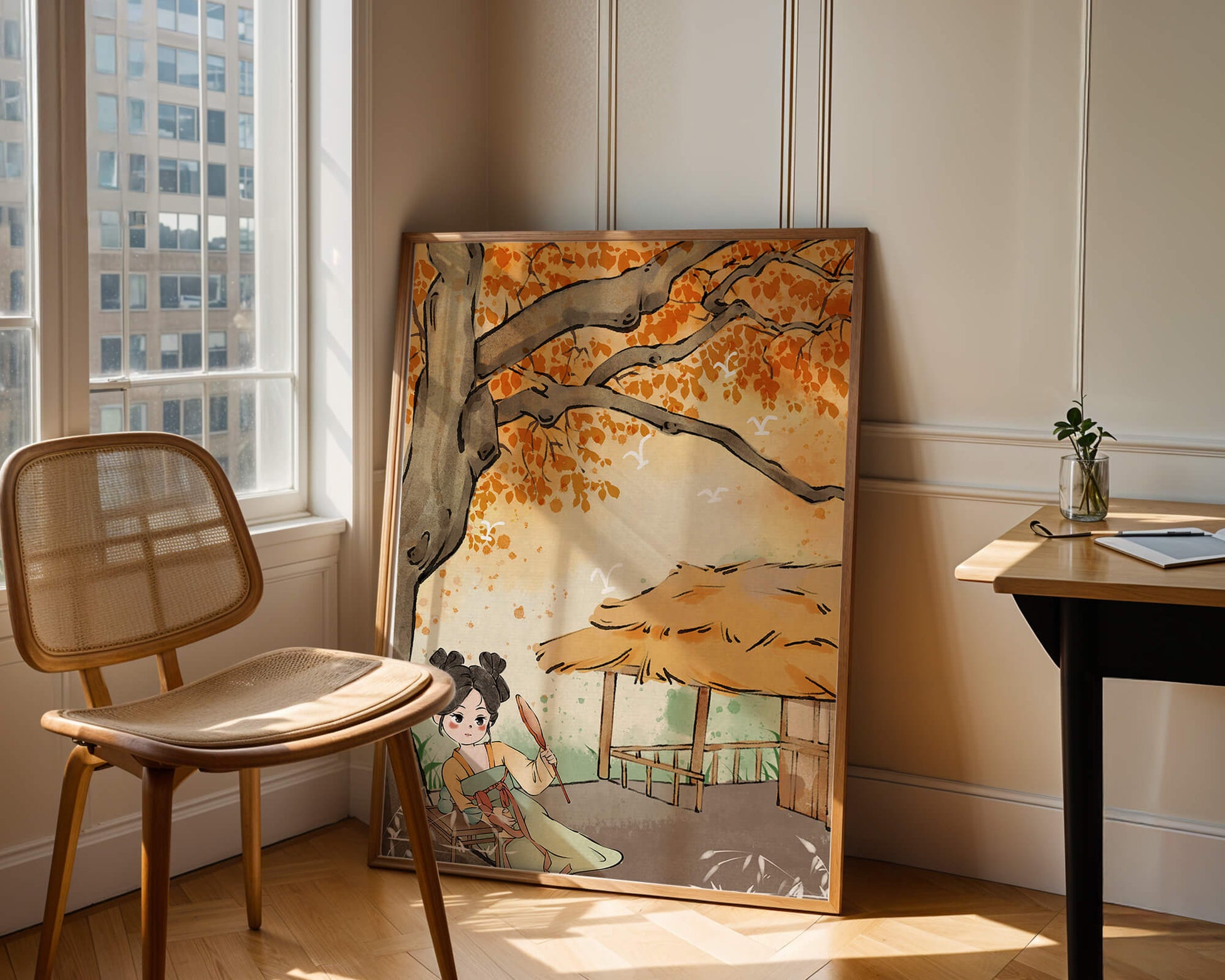Escena de otoño con ilustración en estilo asiático tradicional