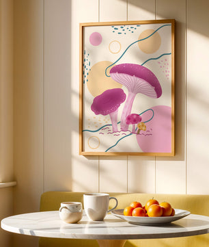 Champignons vibrants sur fond géométrique abstrait 