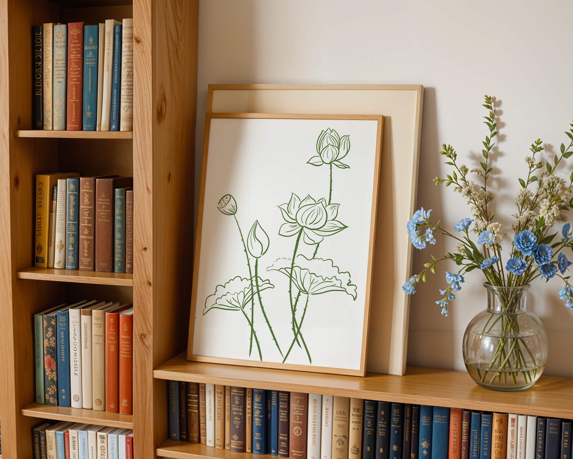 Ilustración de arte lineal verde de flores de loto con capullos