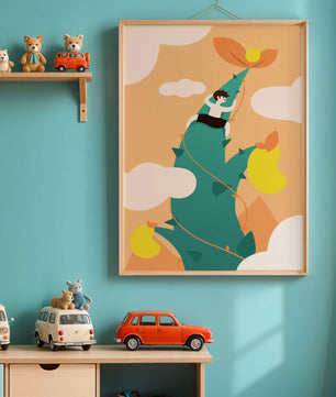Man Climbing Giant Beanstalk Reaching to Sun in Minimalist Style - Mi tienda