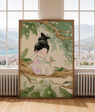 Serene illustration of a girl with a bird in a tree