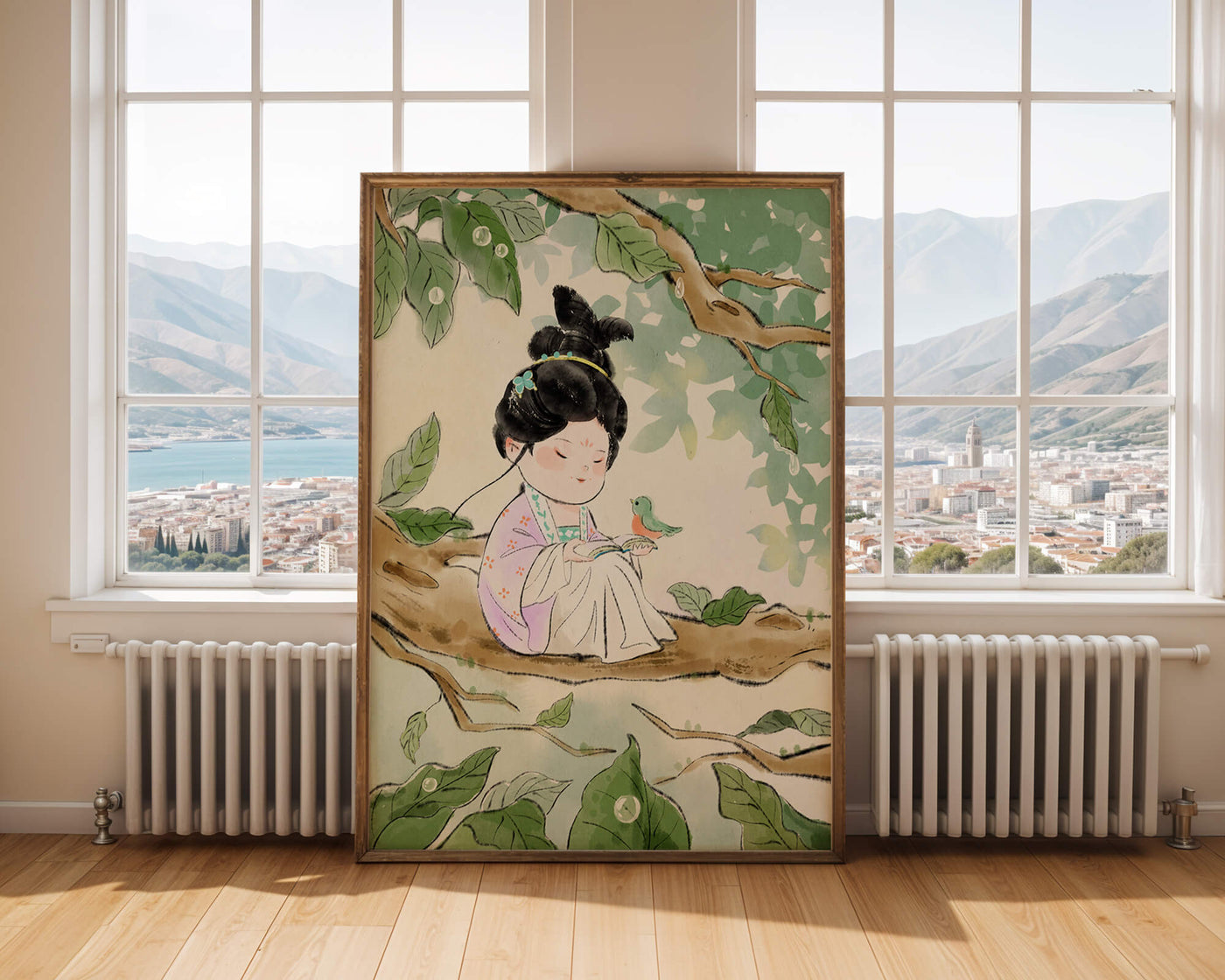 Serene illustration of a girl with a bird in a tree